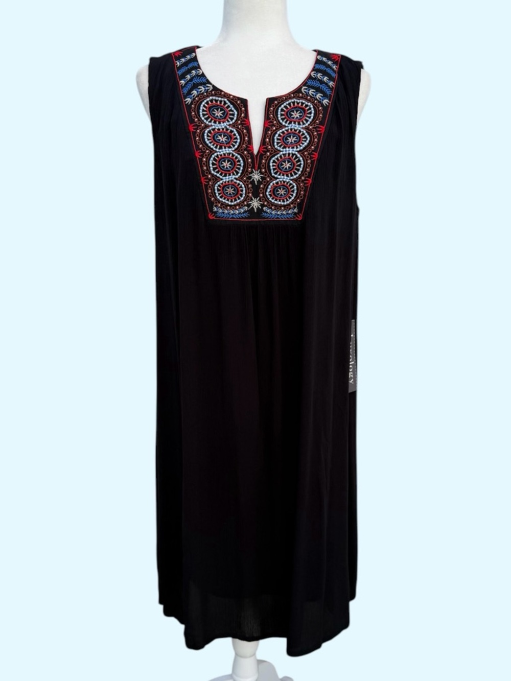 Luxology Beaded Embroidered V-Neck Black Crepe Sleeveless Midi Dress, Women’s 14